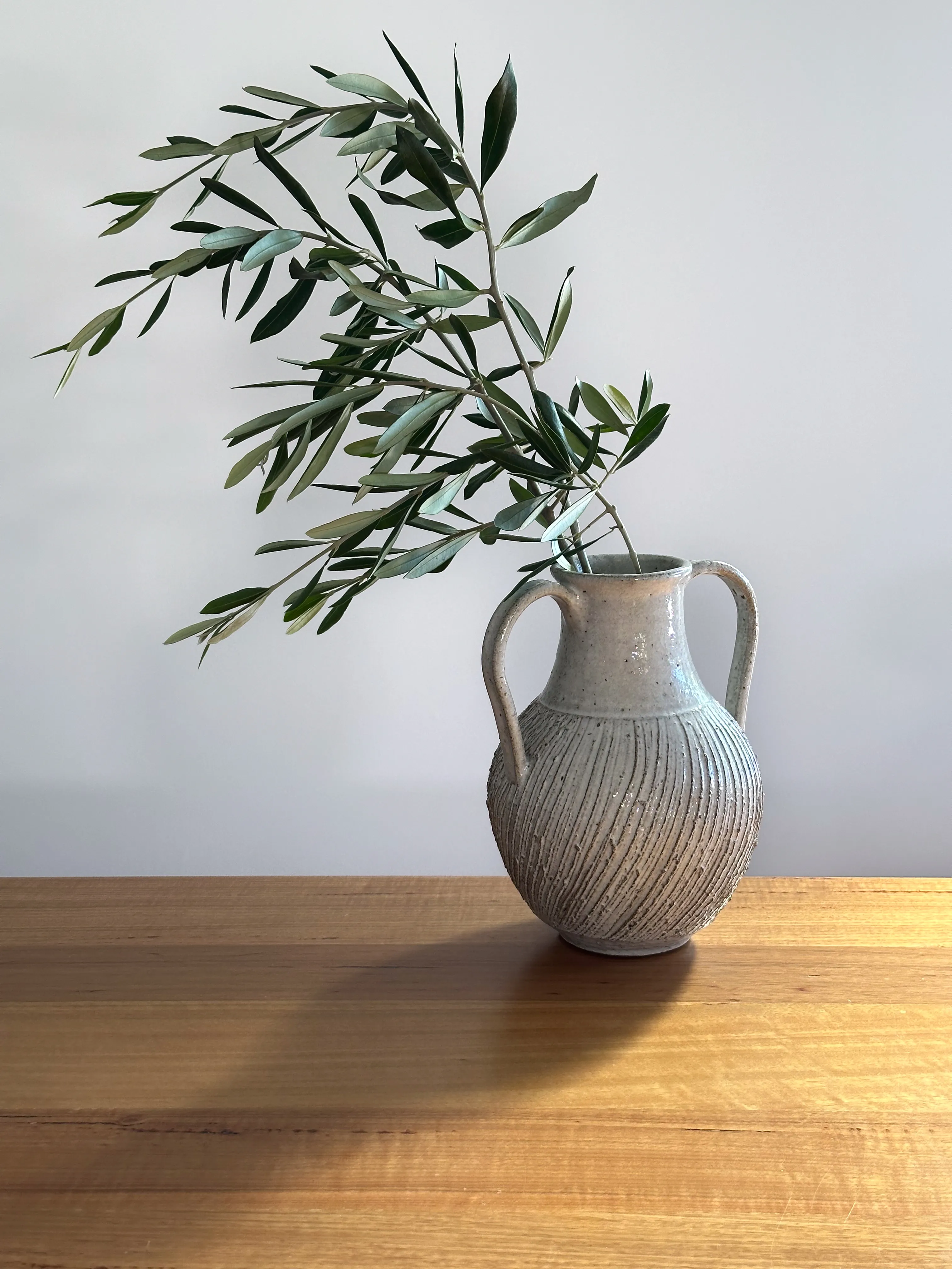 Two-handled stoneware amphora with carved ribbing and white-glazed collar, holding olive branches