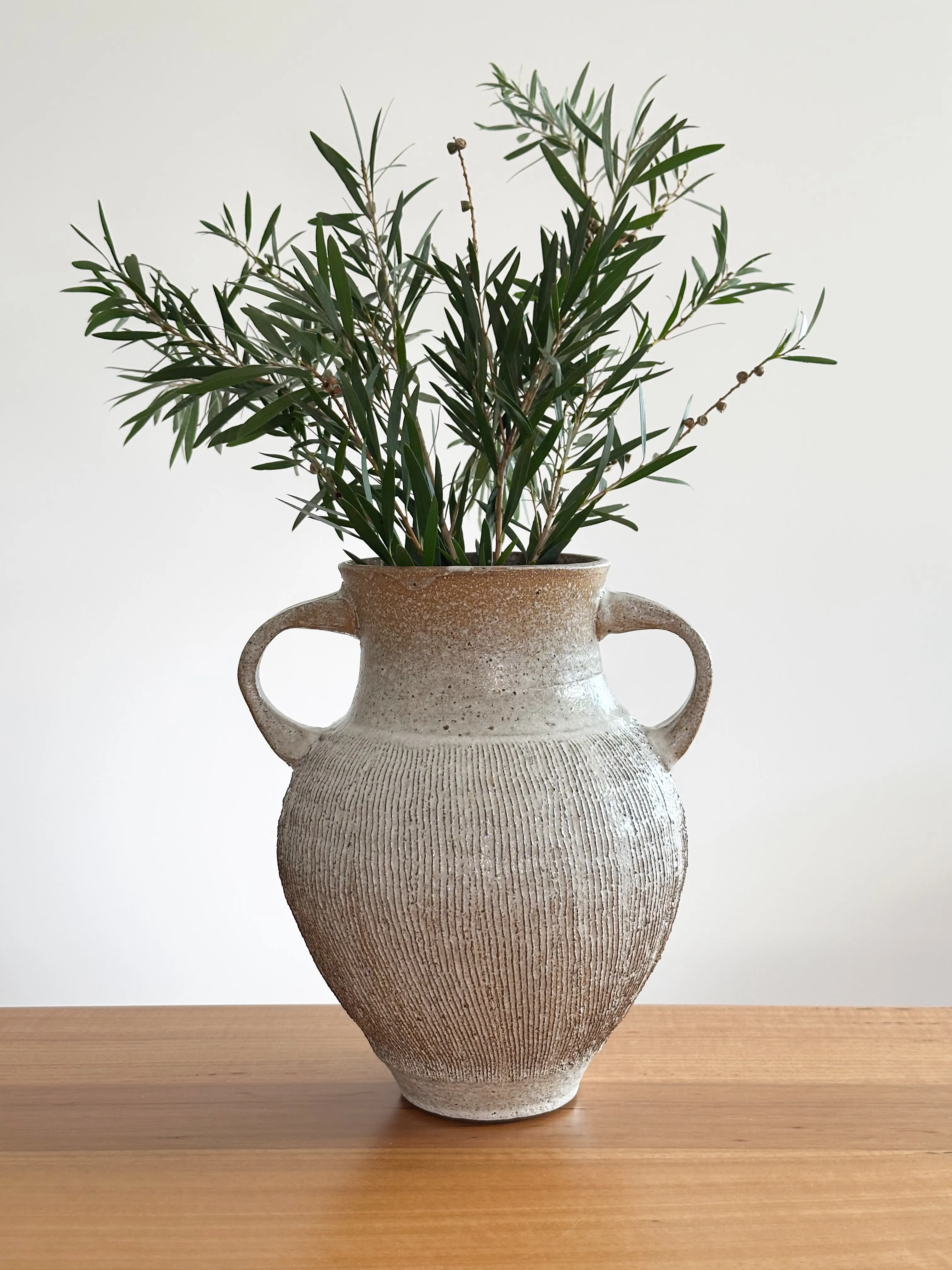 Two-handled stoneware urn with carved vertical ribbing and white-glazed shoulder, holding olive branches